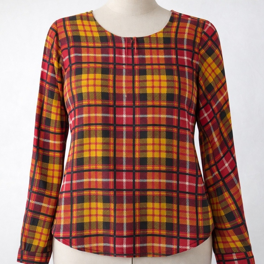 Vintage Y2K Plaid 100% Silk Top Size S‎ Red Long Sleeve Indie Sleaze Hippie